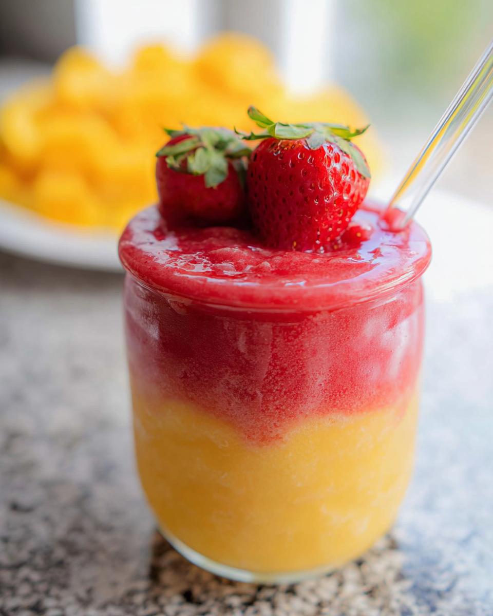 Nahaufnahme eines geschichteten Mango-Erdbeer Sunrise Smoothie mit frischen Erdbeeren obenauf.