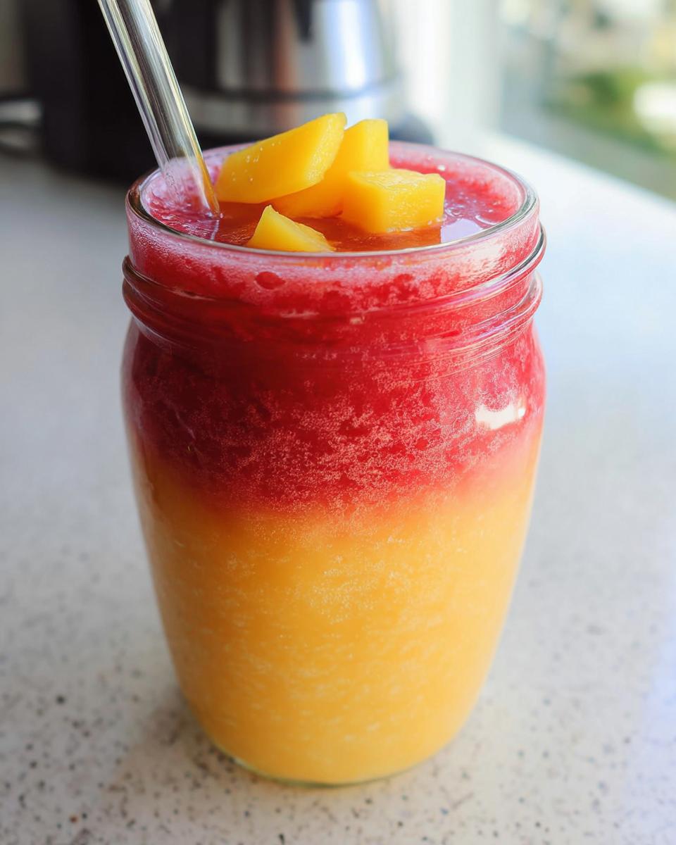 Zweischichtiger Mango-Erdbeer Sunrise Smoothie in einem Glas mit Mangostücken als Garnitur.