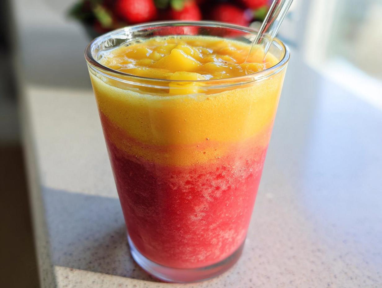 Zweischichtiger Mango-Erdbeer Sunrise Smoothie mit gelber Mango oben und roter Erdbeerschicht unten.