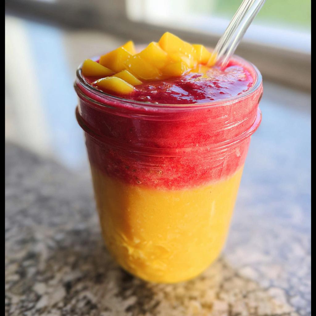 Zweischichtiger Mango-Erdbeer Sunrise Smoothie mit Mangowürfeln obenauf in einem Glas.