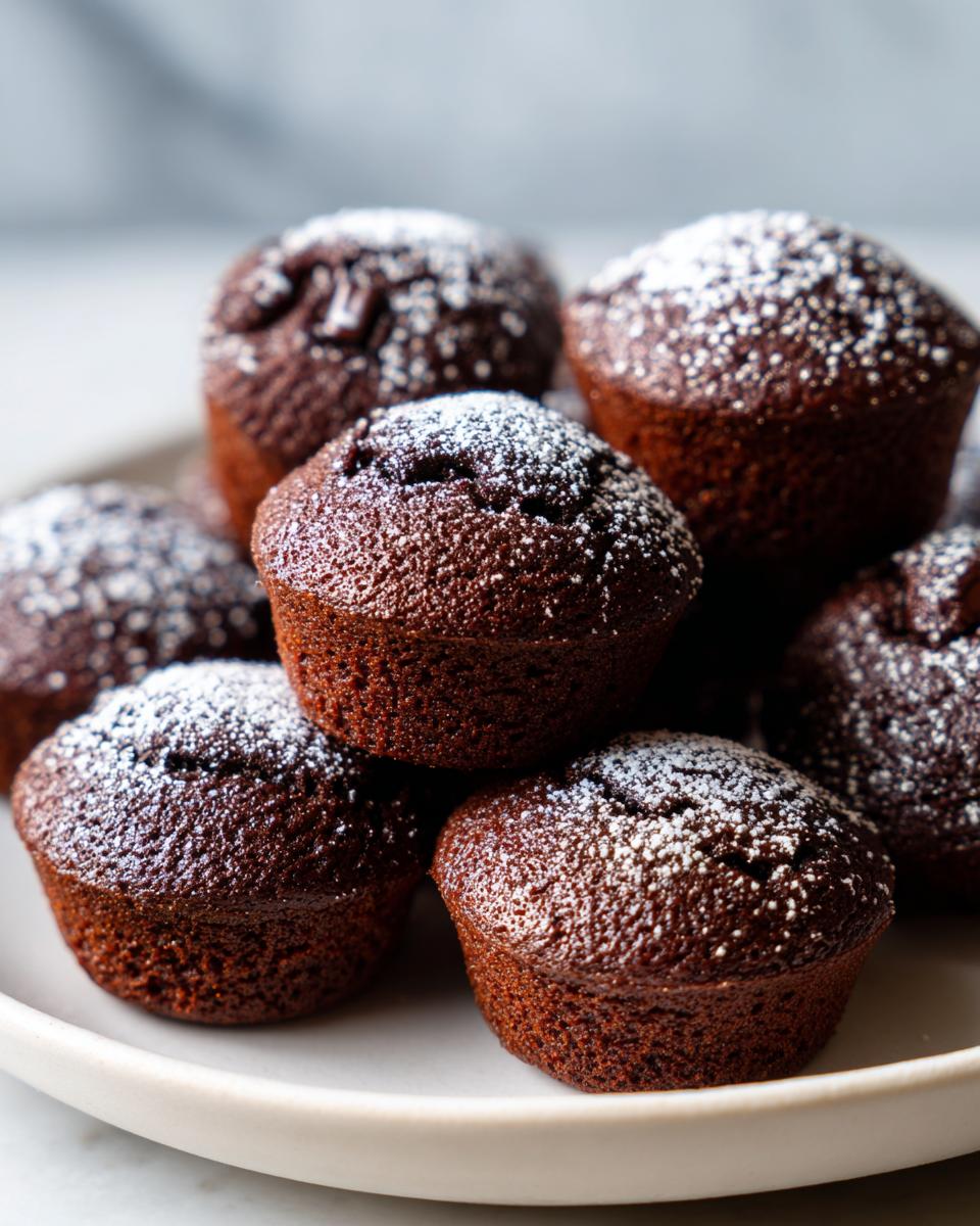 Ein Stapel saftiger, dunkler Mini Schokomuffins für Kinder & Partys, bestäubt mit Puderzucker.