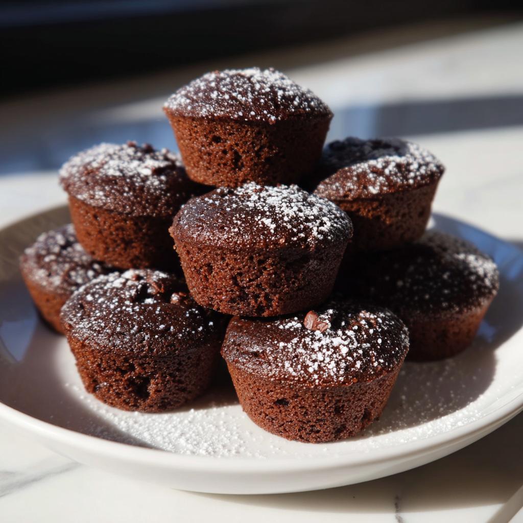 Ein Stapel saftiger Mini Schokomuffins für Kinder & Partys, bestäubt mit feinem Puderzucker auf einem weißen Teller.