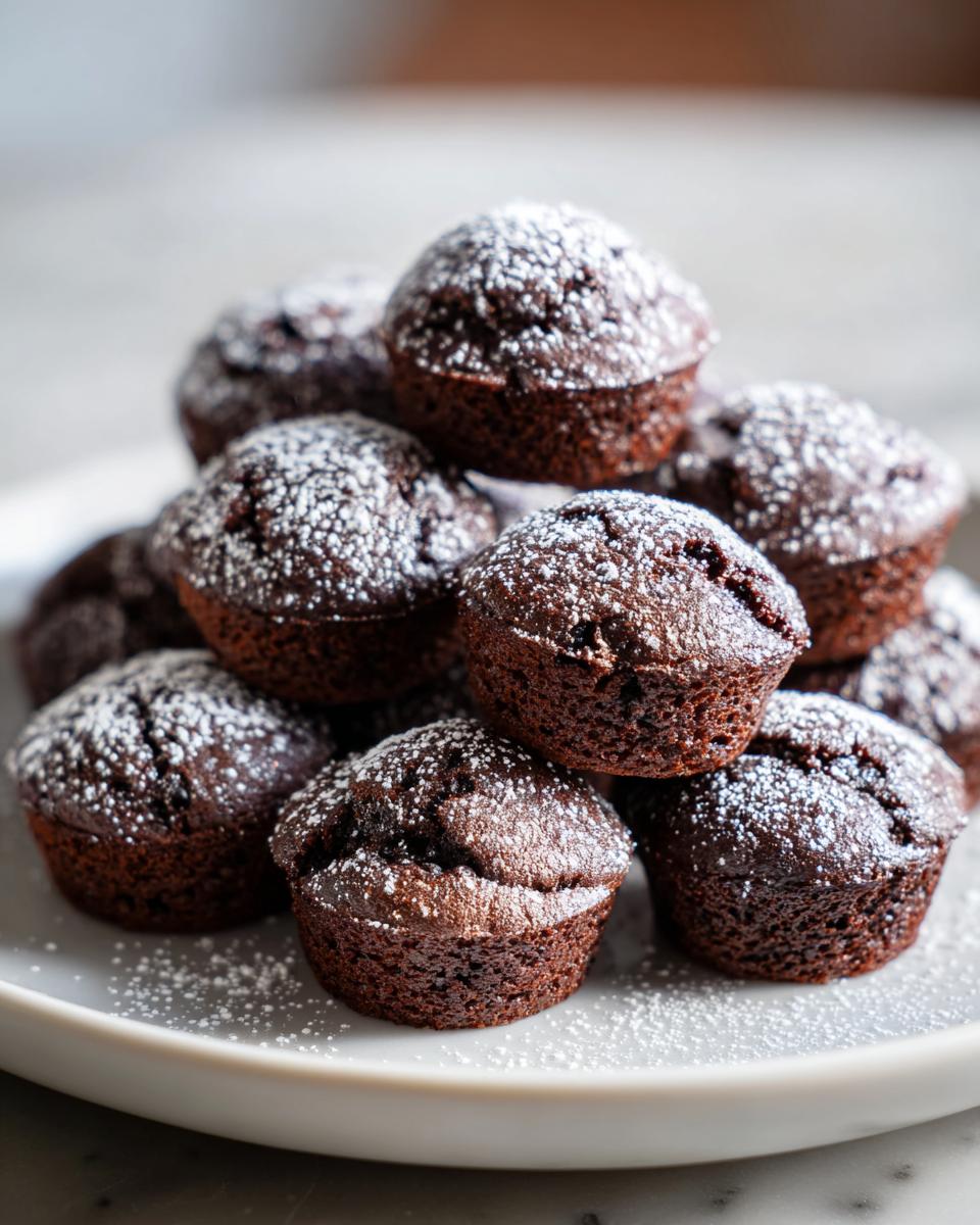Ein Stapel saftiger Mini Schokomuffins für Kinder & Partys, bestäubt mit Puderzucker auf einem hellen Teller.