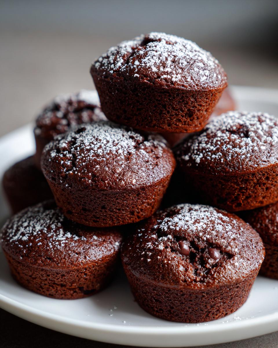 Stapel von saftigen Mini Schokomuffins für Kinder, bestäubt mit Puderzucker auf einem weißen Teller.