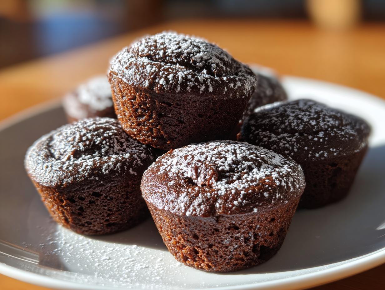 Ein Stapel saftiger Mini Schokomuffins für Kinder & Partys, bestäubt mit feinem Puderzucker auf einem weißen Teller.
