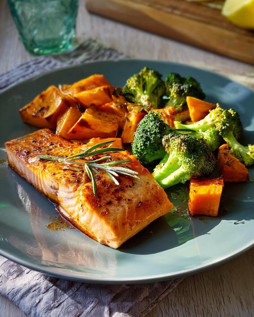 Gebackenes Stück Ofen-Lachs mit Brokkoli und gewürfelten Süßkartoffeln, garniert mit Rosmarin.