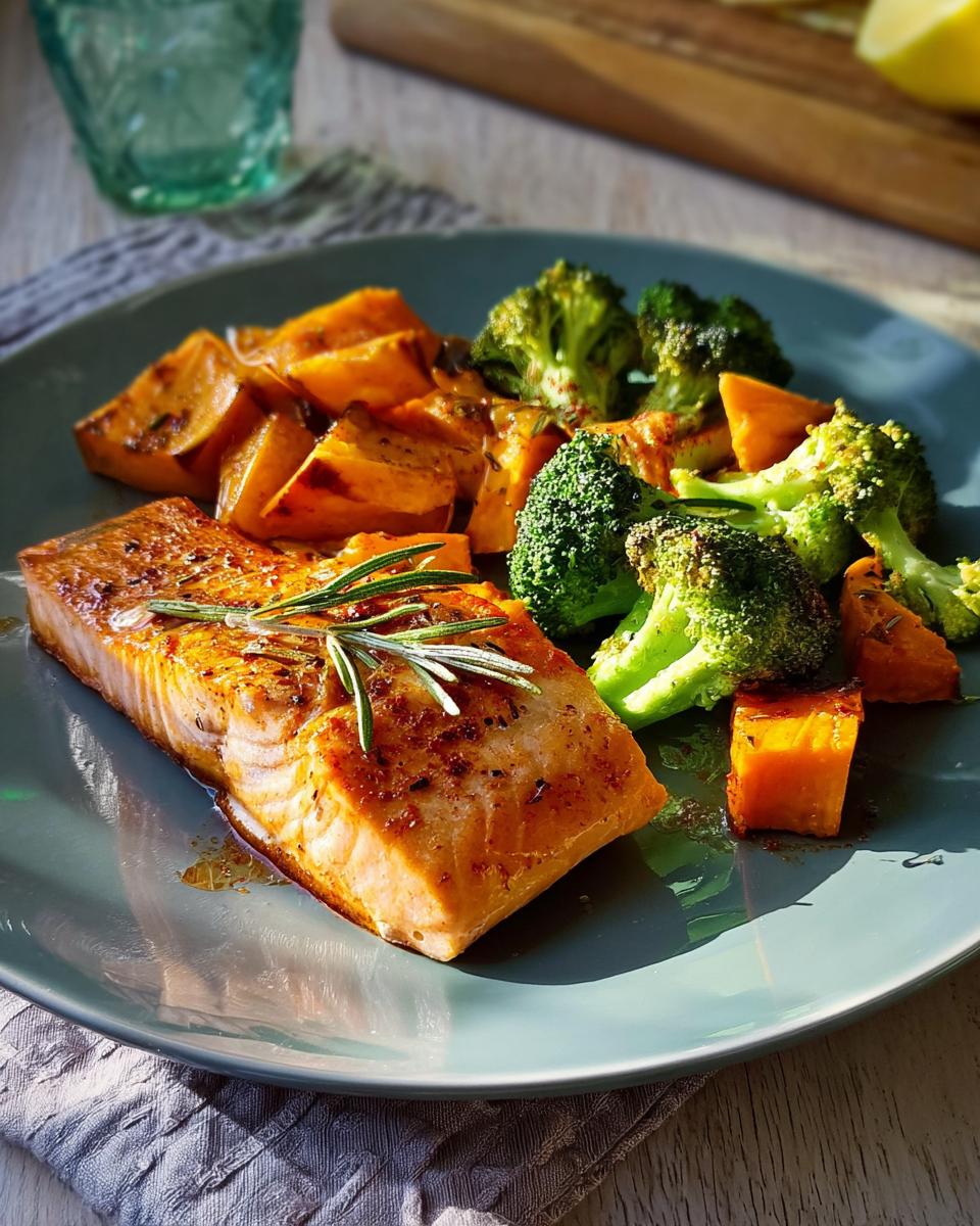 Gebackenes Stück Ofen-Lachs mit Brokkoli und gewürfelten Süßkartoffeln, garniert mit Rosmarin.