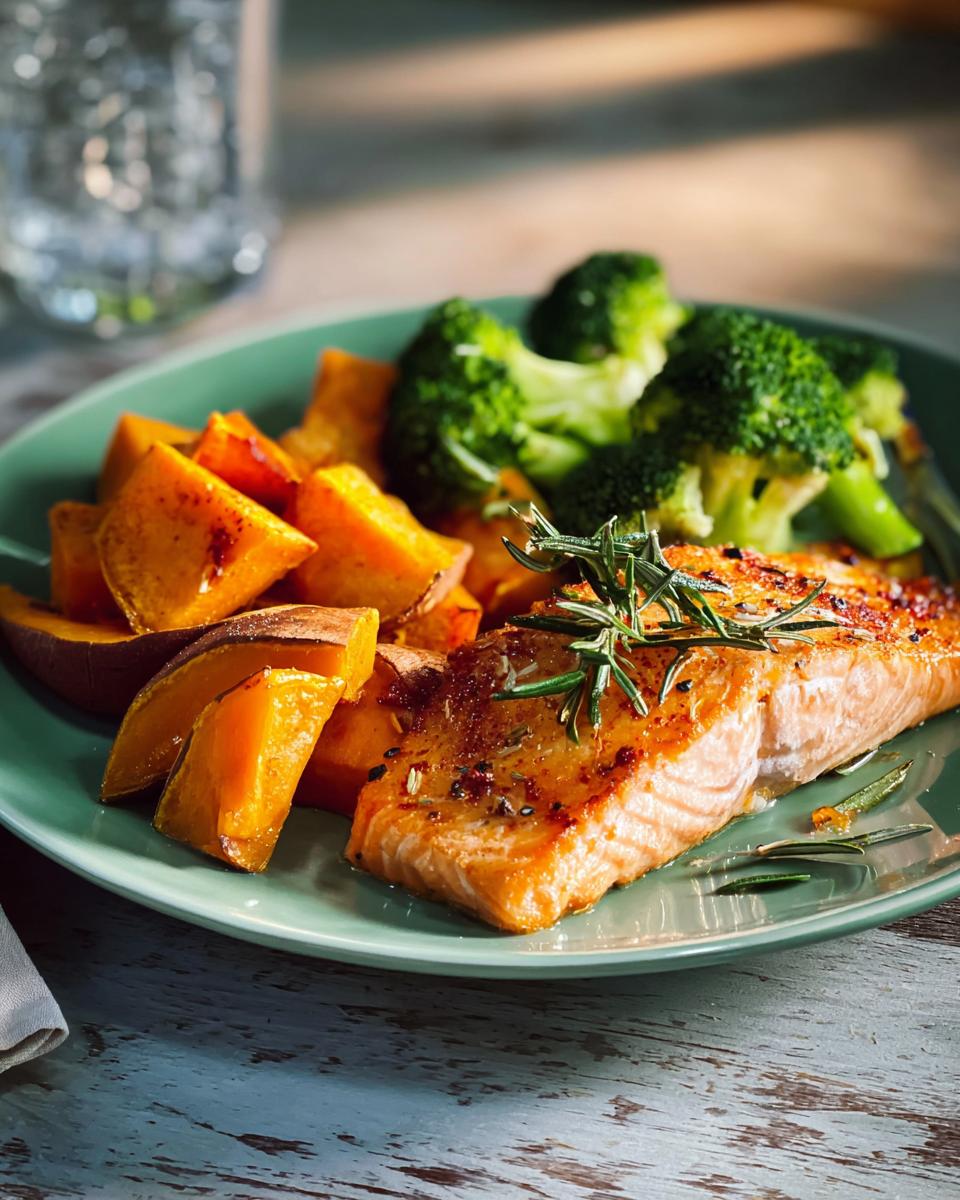 Ein perfekt gegartes Stück Ofen-Lachs mit Brokkoli und gerösteten Süßkartoffeln, garniert mit Rosmarin.