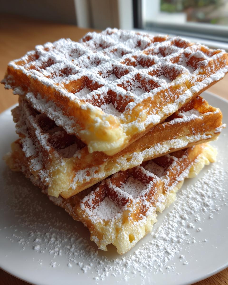 Drei gestapelte, goldbraune Waffeln, reichlich bestäubt mit Puderzucker, basierend auf Omas klassisches Waffelteig-Rezept.
