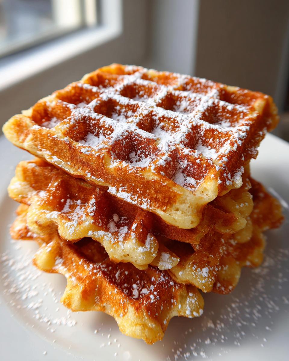 Ein Stapel goldbrauner Waffeln, bestäubt mit Puderzucker, zubereitet nach Omas klassisches Waffelteig-Rezept.