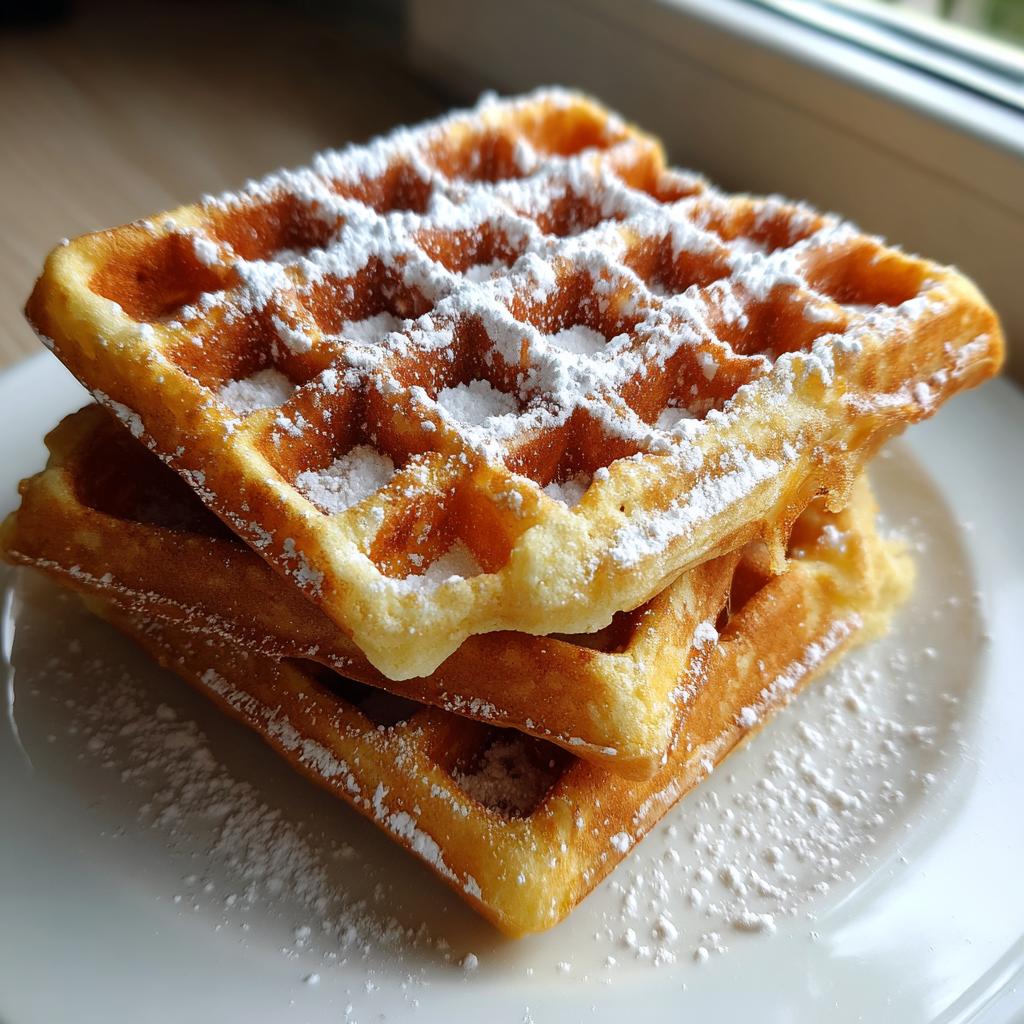 Stapel von drei goldbraunen Waffeln, bestäubt mit Puderzucker, basierend auf Omas klassisches Waffelteig-Rezept.
