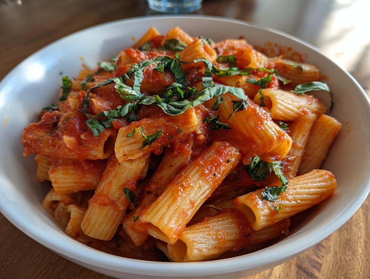 Nahaufnahme von One-Pot Pasta mit Tomaten & Basilikum in einer weißen Schüssel, garniert mit frischem Basilikum.