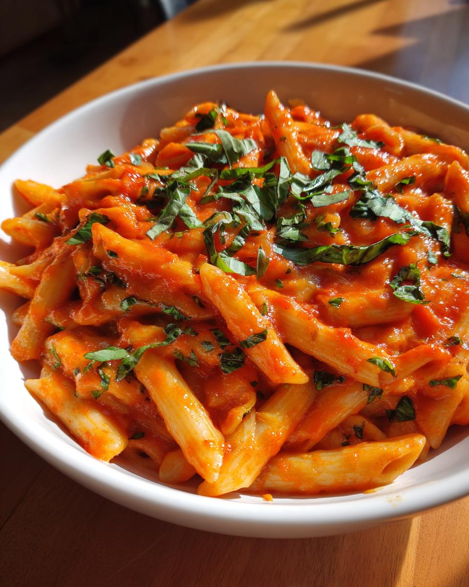 Nahaufnahme von One-Pot Pasta mit Tomaten & Basilikum in einer weißen Schüssel, garniert mit frischem Basilikum.