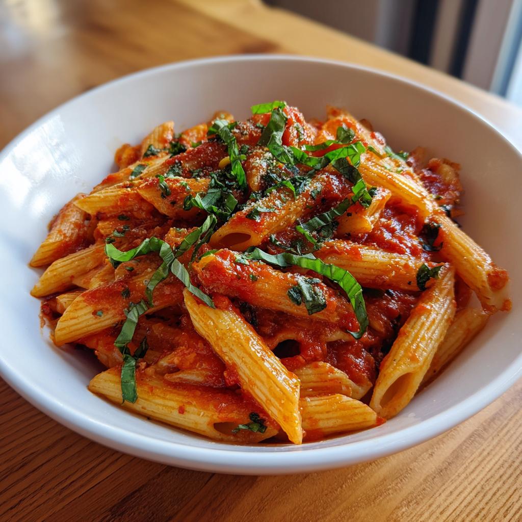 Nahaufnahme von One-Pot Pasta mit Tomaten & Basilikum, garniert mit frischem Basilikum und Parmesan.