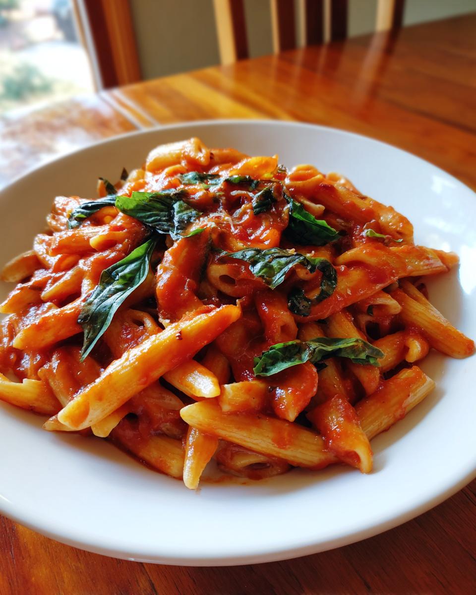 Teller mit One-Pot Pasta mit Tomaten & Basilikum, garniert mit frischen Basilikumblättern.
