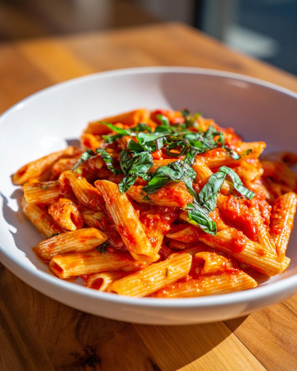 Nahaufnahme von One-Pot Pasta mit Tomaten & Basilikum, Penne in leuchtend roter Soße, garniert mit frischem Basilikum.