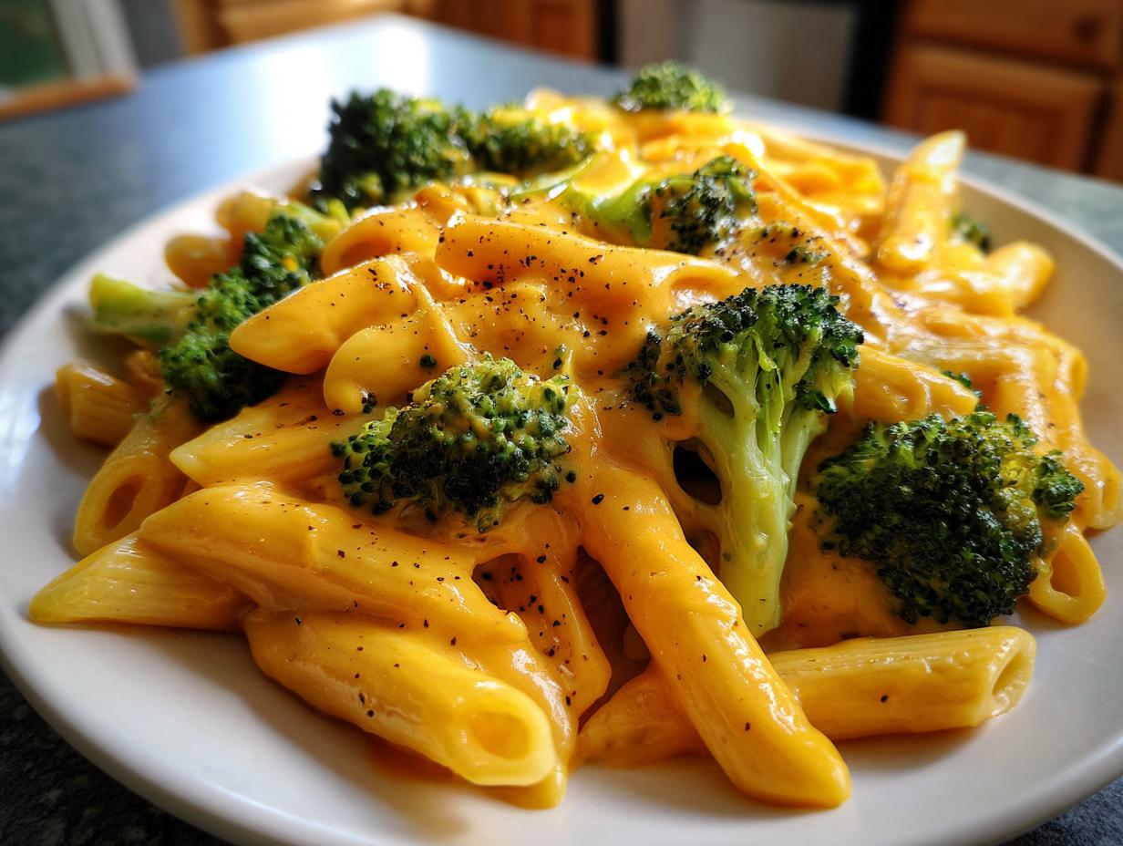 Nahaufnahme von Pasta mit Käse & Brokkoli, bedeckt mit leuchtend gelber Käsesauce und schwarzem Pfeffer.