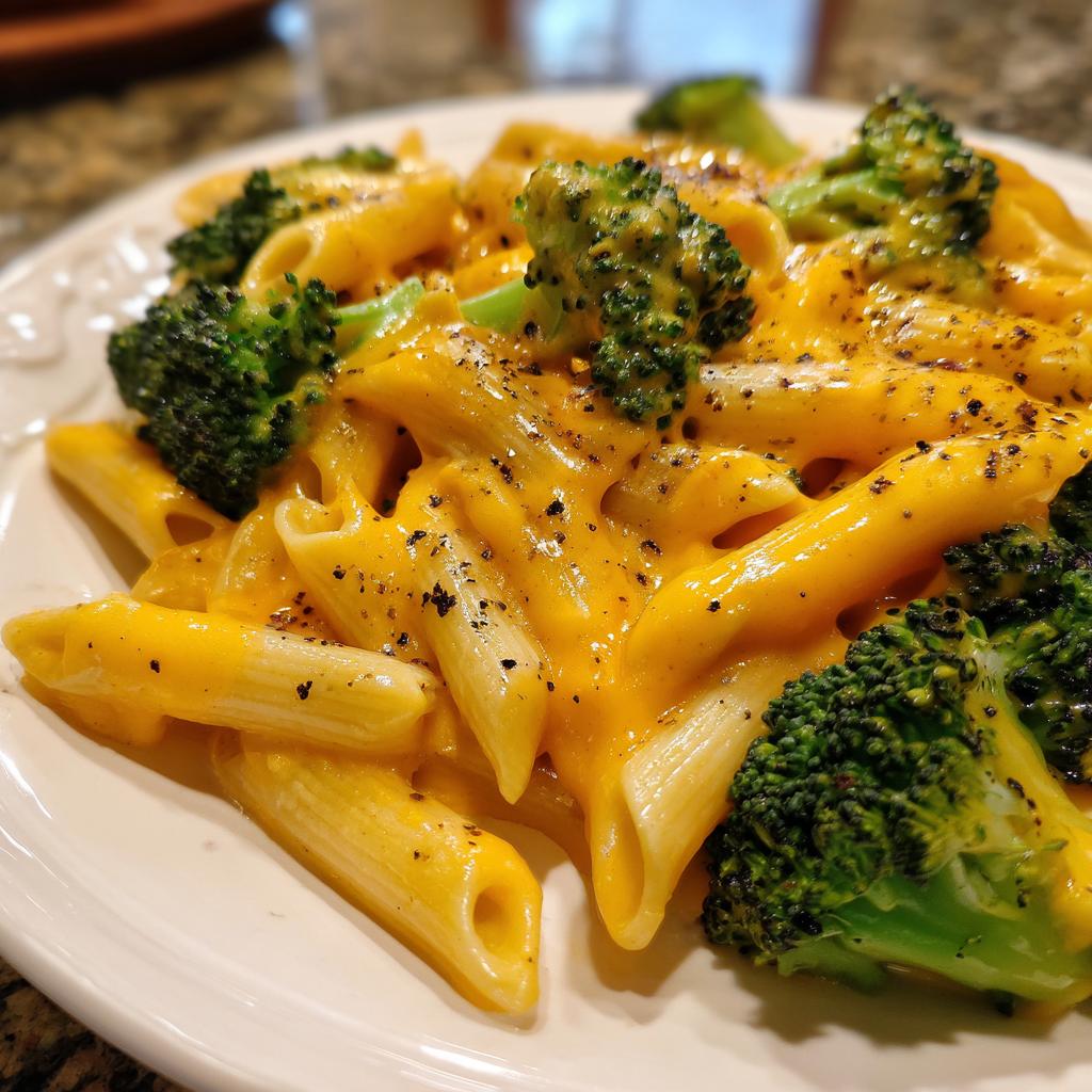 Nahaufnahme von cremiger Pasta mit Käse & Brokkoli, bestreut mit schwarzem Pfeffer auf einem weißen Teller.