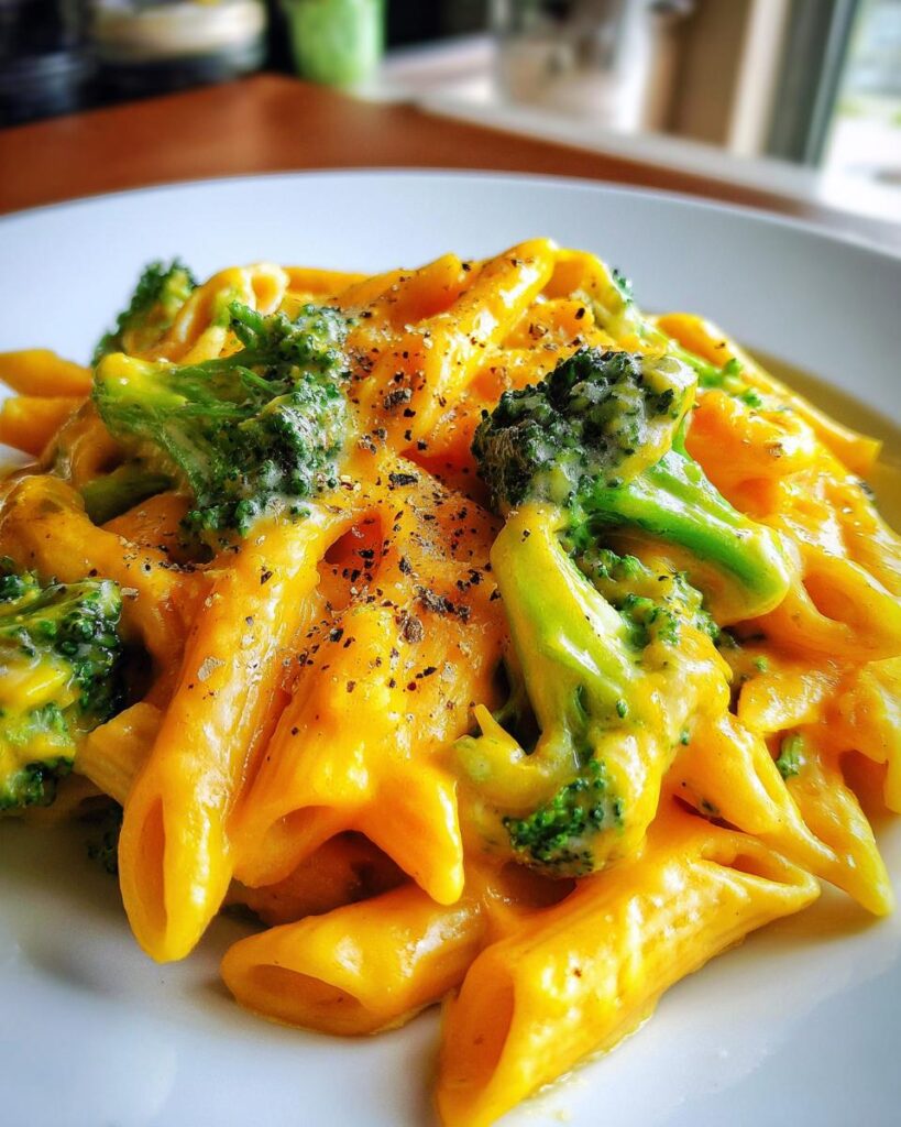 Nahaufnahme von cremigem Pasta mit Käse & Brokkoli, bestreut mit schwarzem Pfeffer.