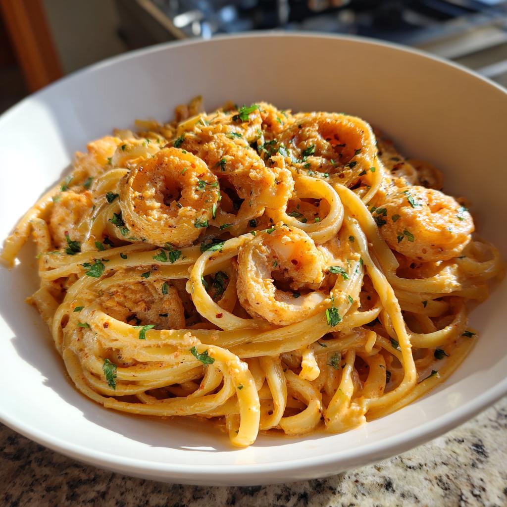 Eine Portion cremige Pasta mit Meeresfrüchten, garniert mit Petersilie, in einer weißen Schüssel.