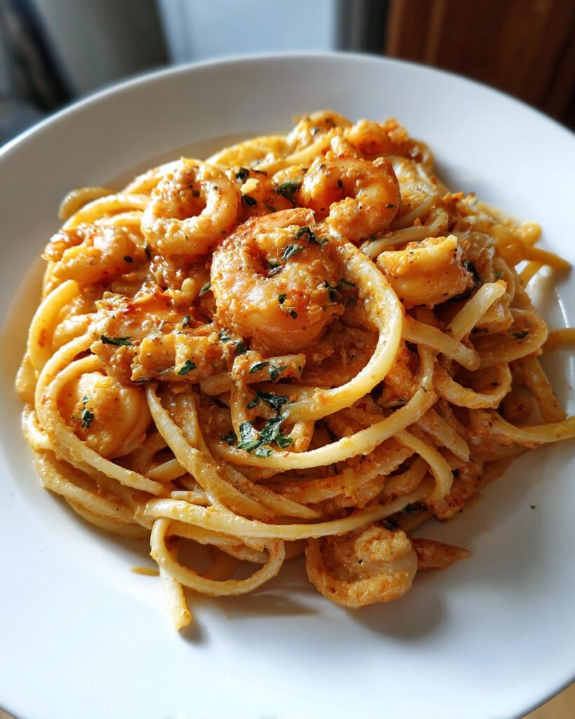 Teller mit cremigem Pasta mit Meeresfrüchten einfach & cremig, garniert mit Garnelen und Petersilie.