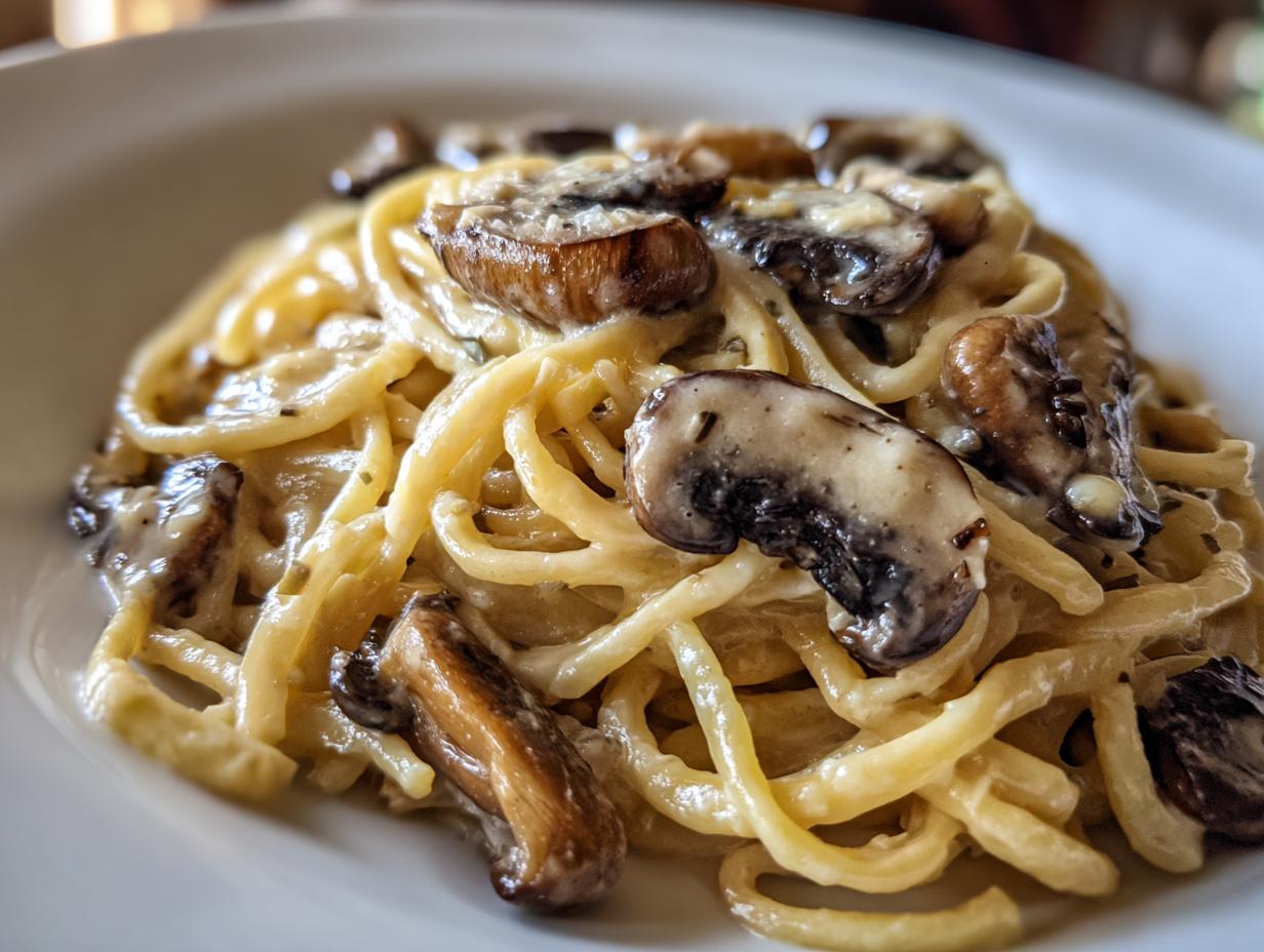 Nahaufnahme von Pasta mit Pilzen in cremiger Soße, reichhaltig und appetitlich auf einem weißen Teller.