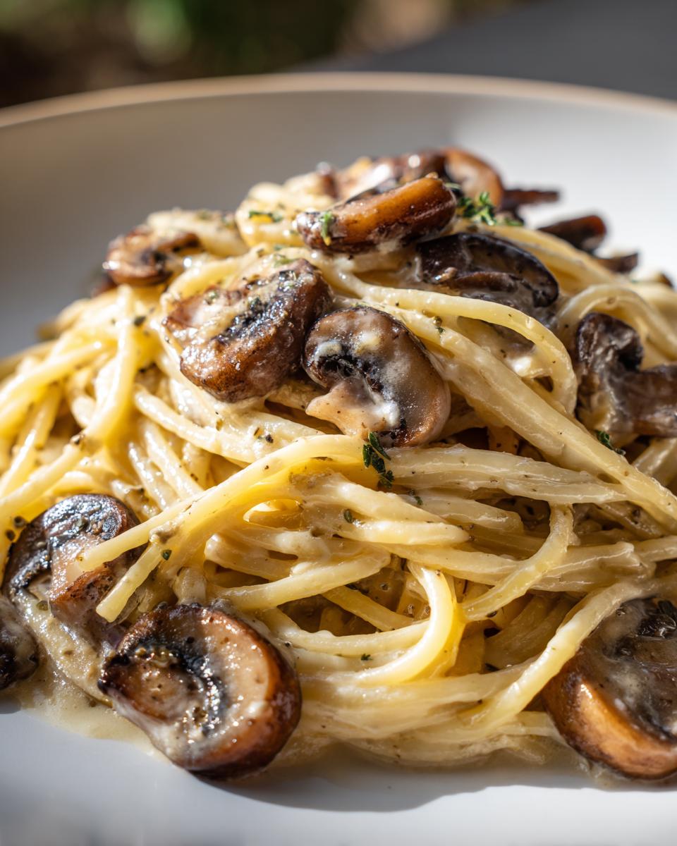 Nahaufnahme von Pasta mit Pilzen in cremiger Soße, garniert mit frischen Kräutern.