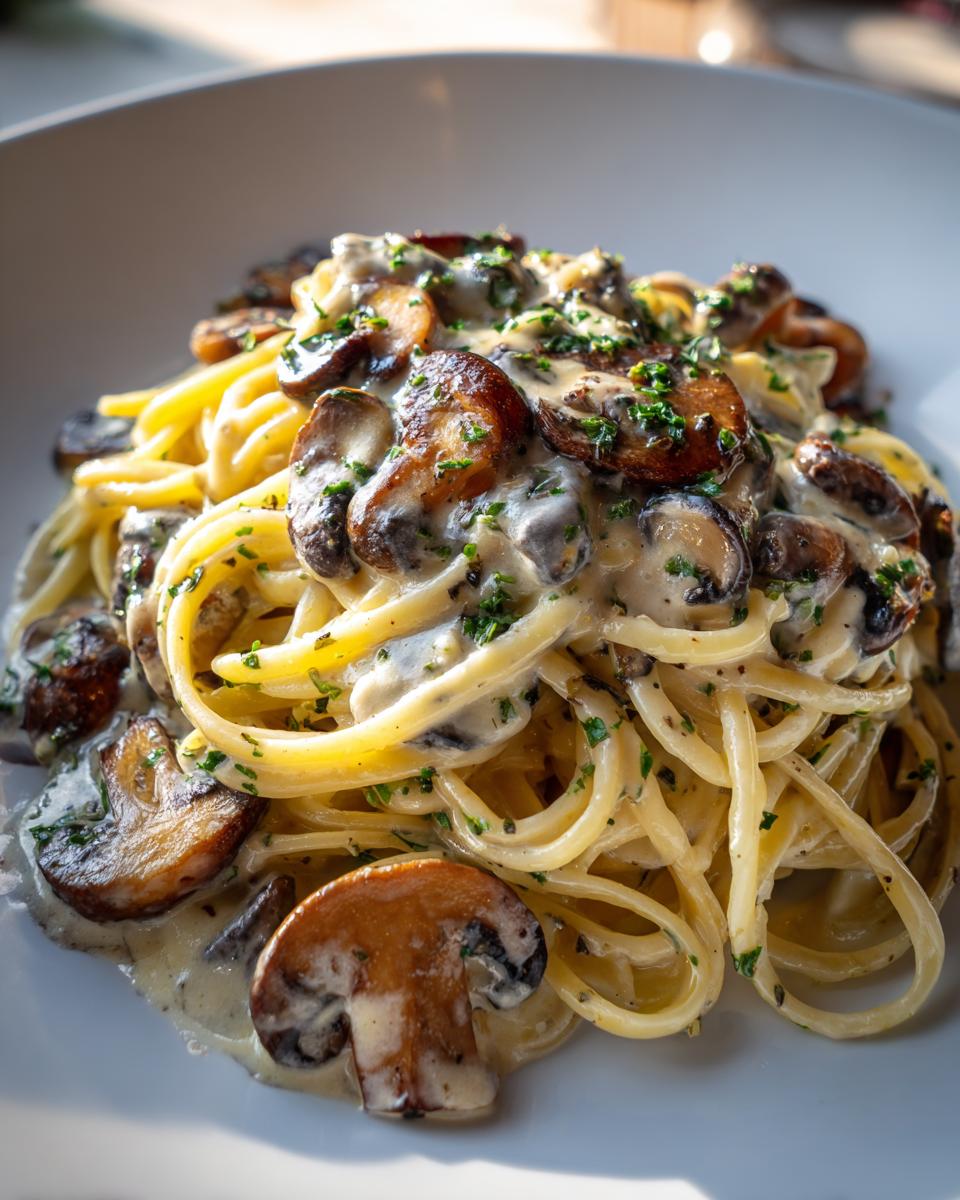 Teller mit Pasta mit Pilzen in cremiger Soße, garniert mit Petersilie.