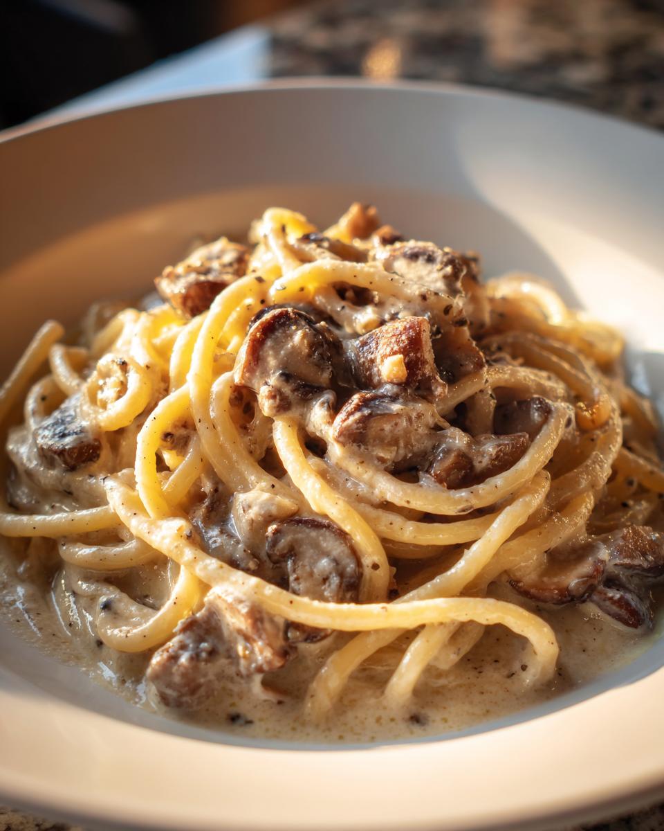 Nahaufnahme von Pasta mit Pilzen in cremiger Soße, reichhaltig und appetitlich in einer weißen Schüssel.