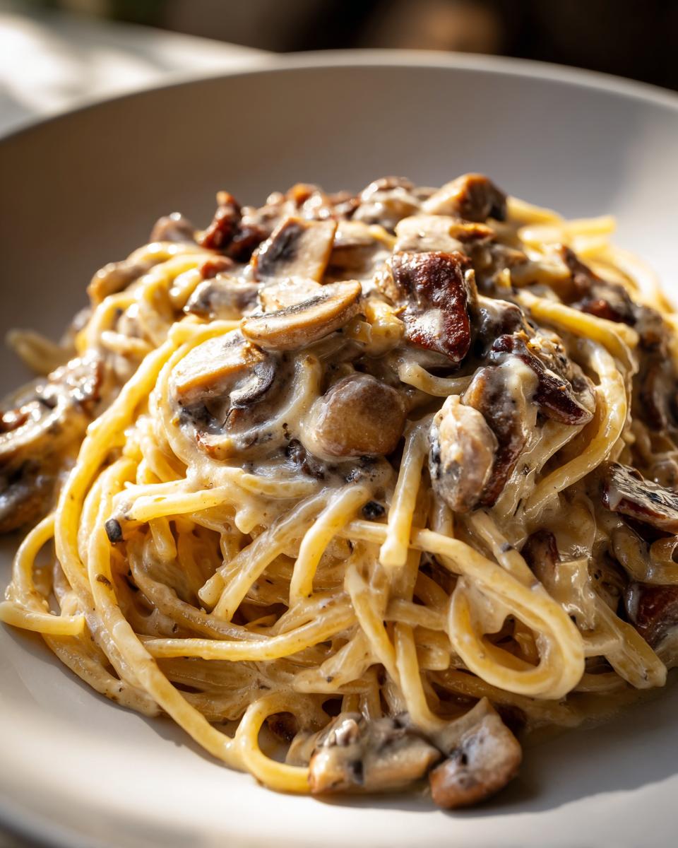 Nahaufnahme von Pasta mit Pilzen in cremiger Soße, serviert auf einem hellen Teller.