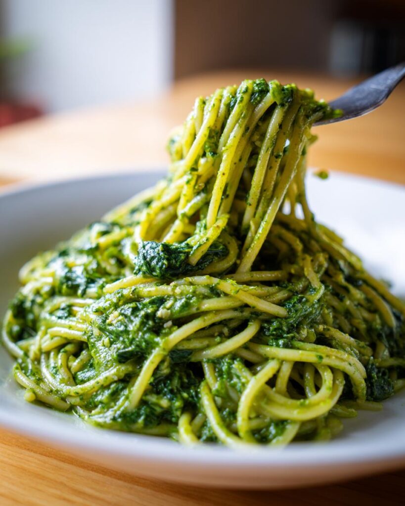 Gabel zieht Spaghetti mit cremiger Pasta mit Spinat & Knoblauchsoße aus einem weißen Teller.