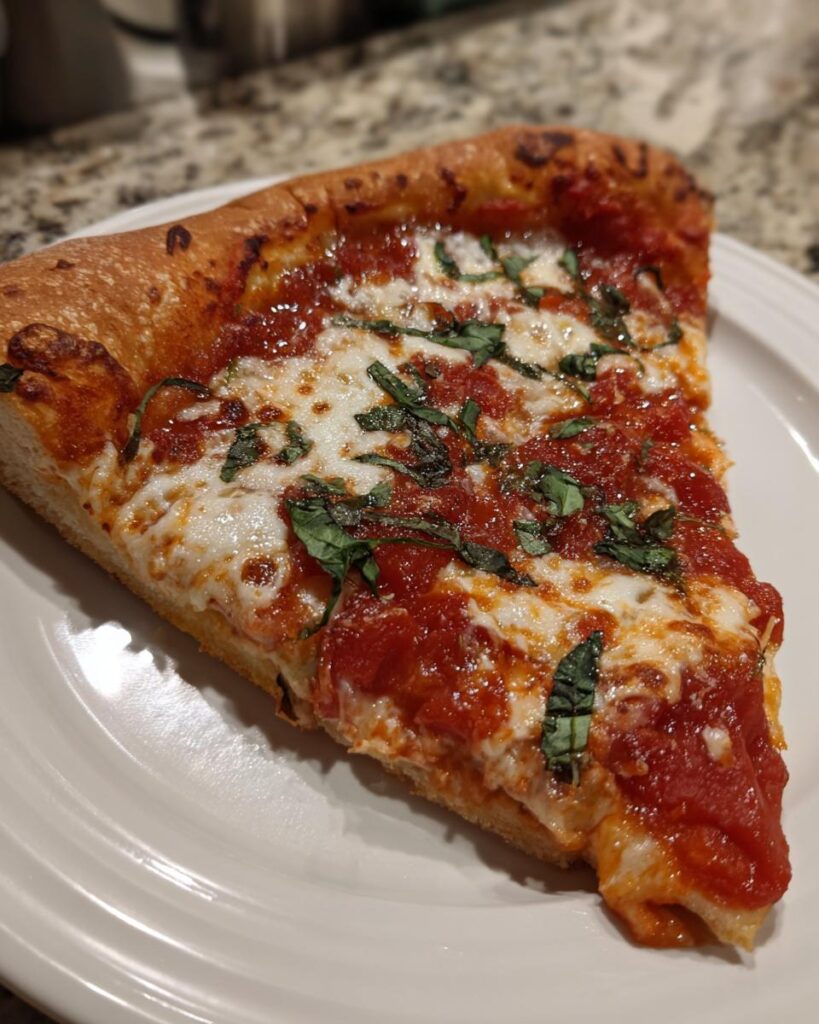 Ein großes Stück Margherita Pizza mit geschmolzenem Käse, roter Sauce und Basilikum, zubereitet als Pizza aus dem Haushaltsbackofen.