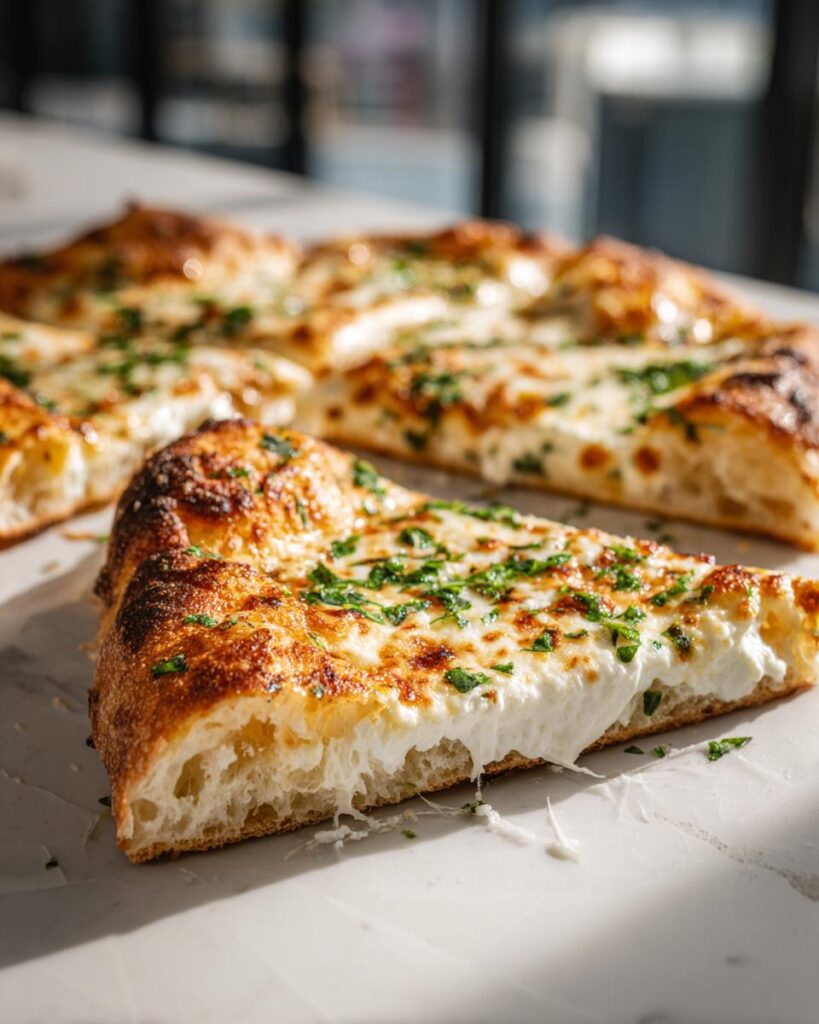 Nahaufnahme eines Stücks Pizza Bianca mit Creme Fraîche, bedeckt mit geschmolzenem Käse und frischer Petersilie.