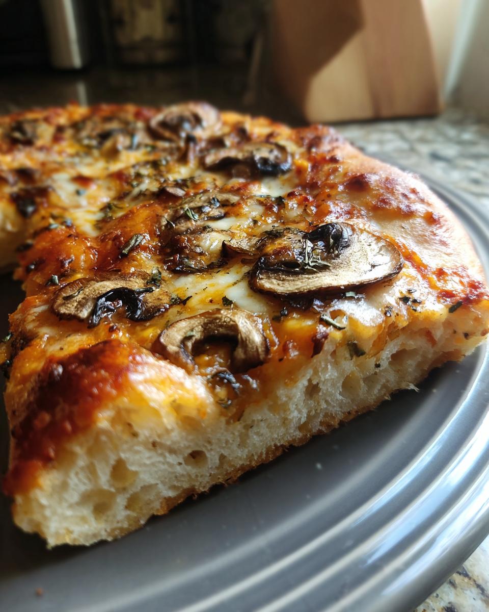 Nahaufnahme eines Stücks Pizza Funghi Rezept mit fluffigem Rand und gebräunten Pilzen.