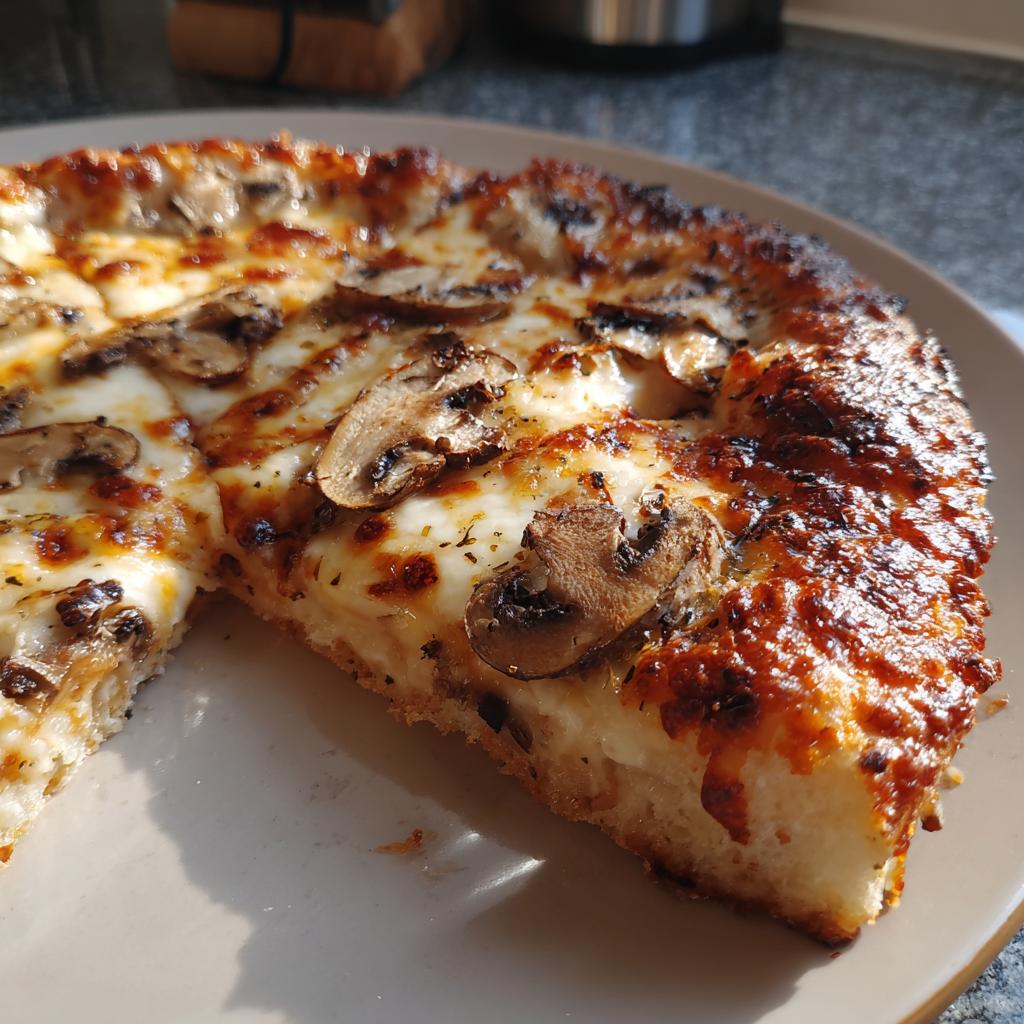Nahaufnahme einer frisch gebackenen Pizza Funghi mit geschmolzenem Käse und Pilzen, ein Stück ist bereits entnommen.