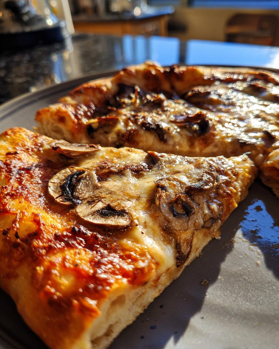 Nahaufnahme eines Stücks Pizza Funghi Rezept mit goldbraunem Rand, geschmolzenem Käse und gebratenen Champignons.