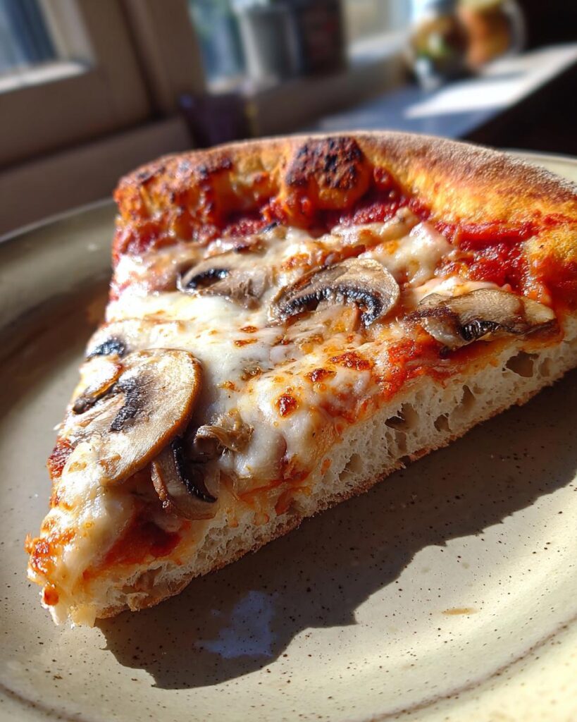 Nahaufnahme eines Stücks Pizza Funghi Rezept mit geschmolzenem Käse und frischen Champignons auf einem Teller.