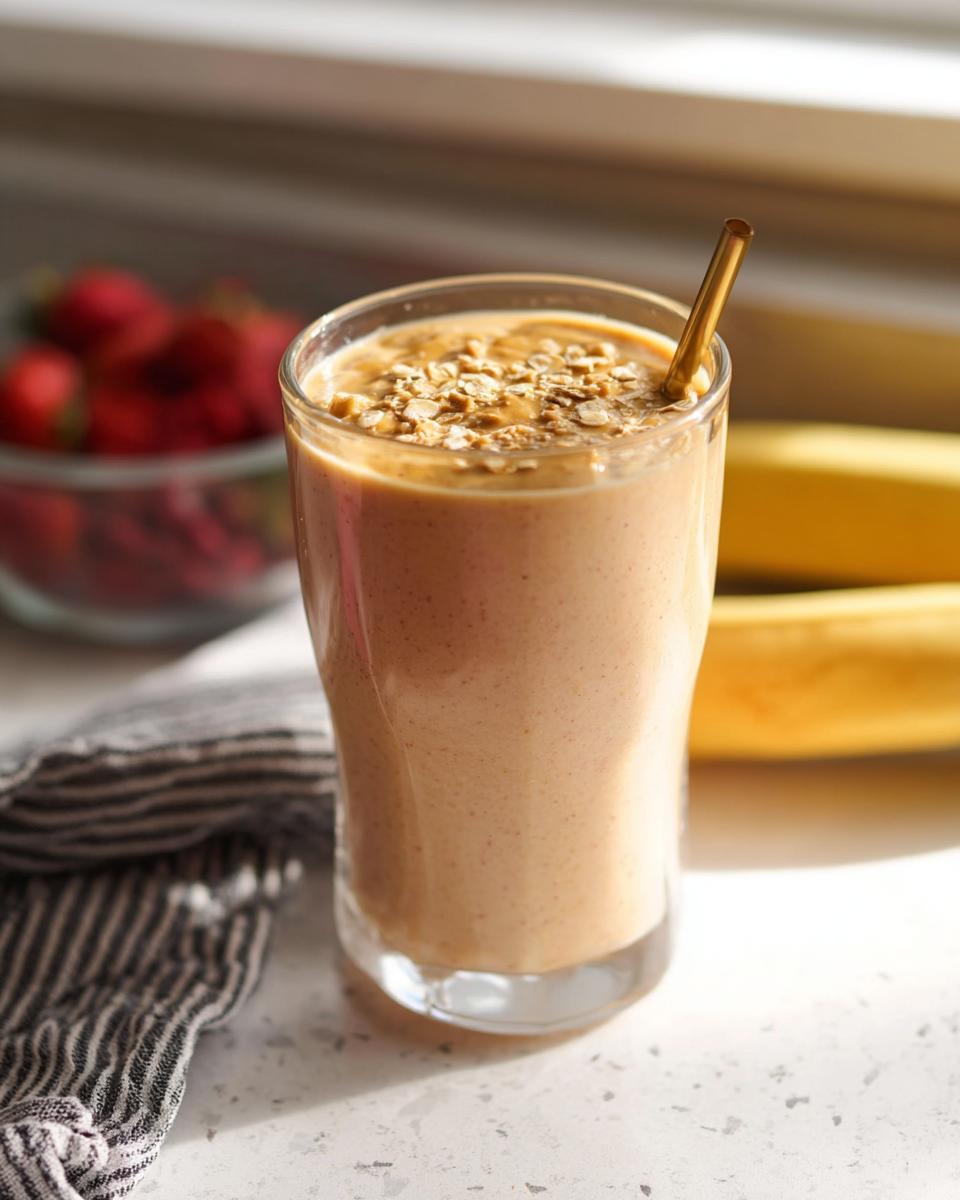 Ein cremiger Protein-Smoothie für den Morgen im Glas, garniert mit Haferflocken und einem Strohhalm.