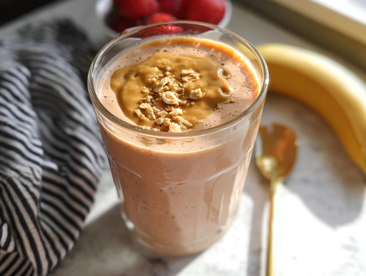 Nahaufnahme eines cremigen Protein-Smoothie für den Morgen, garniert mit Erdnussbutter und Streuseln.