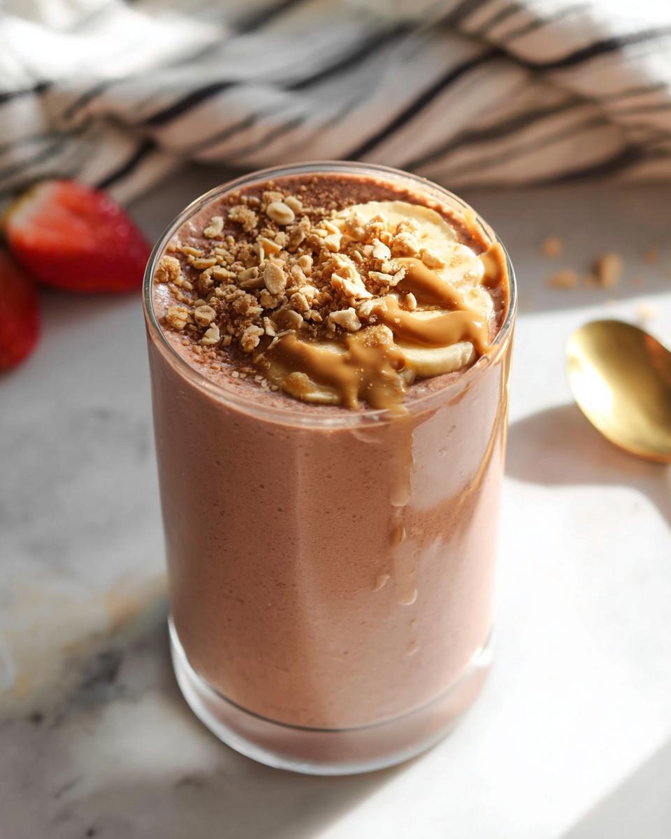 Ein cremiger Protein-Smoothie für den Morgen in einem Glas, garniert mit Erdnussbutter, Banane und Nüssen.