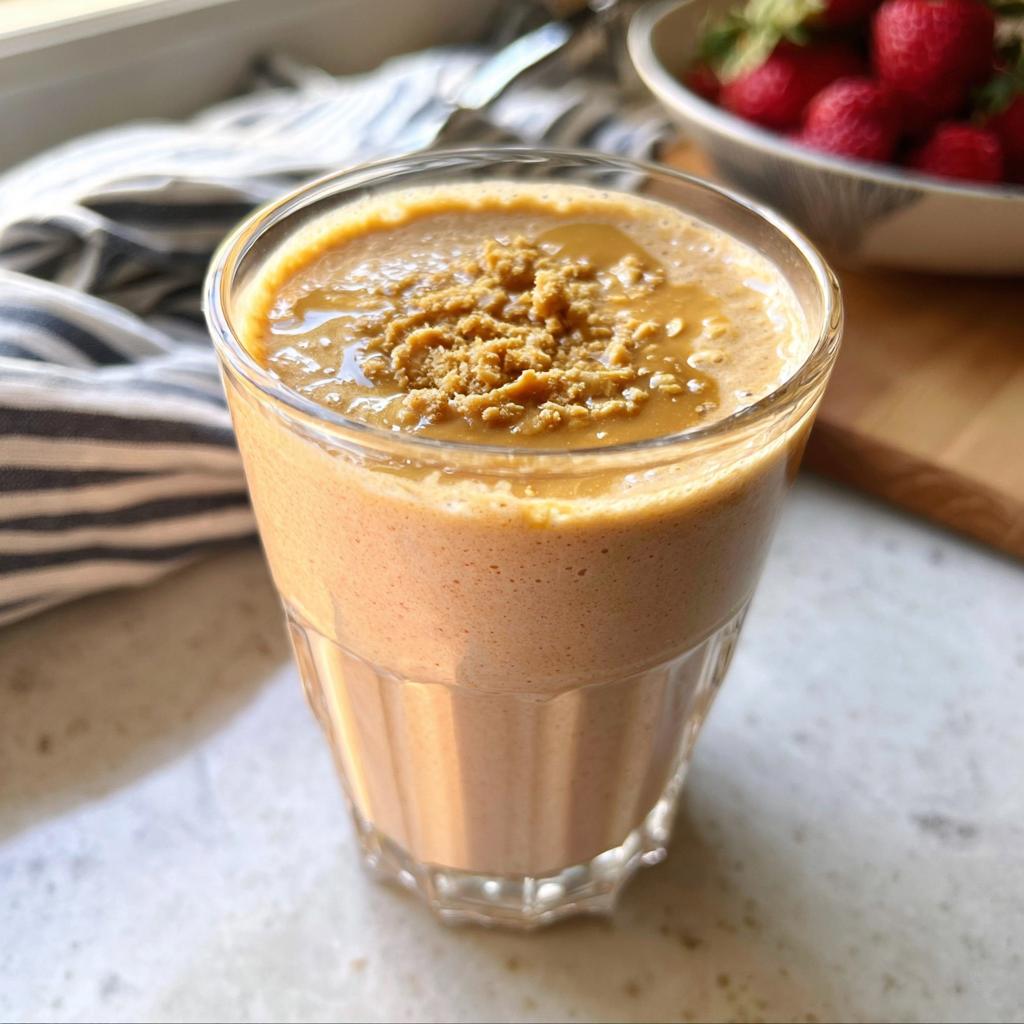Nahaufnahme eines cremigen Protein-Smoothie für den Morgen mit Erdnussbutter- oder Nussmus-Topping im Glas.