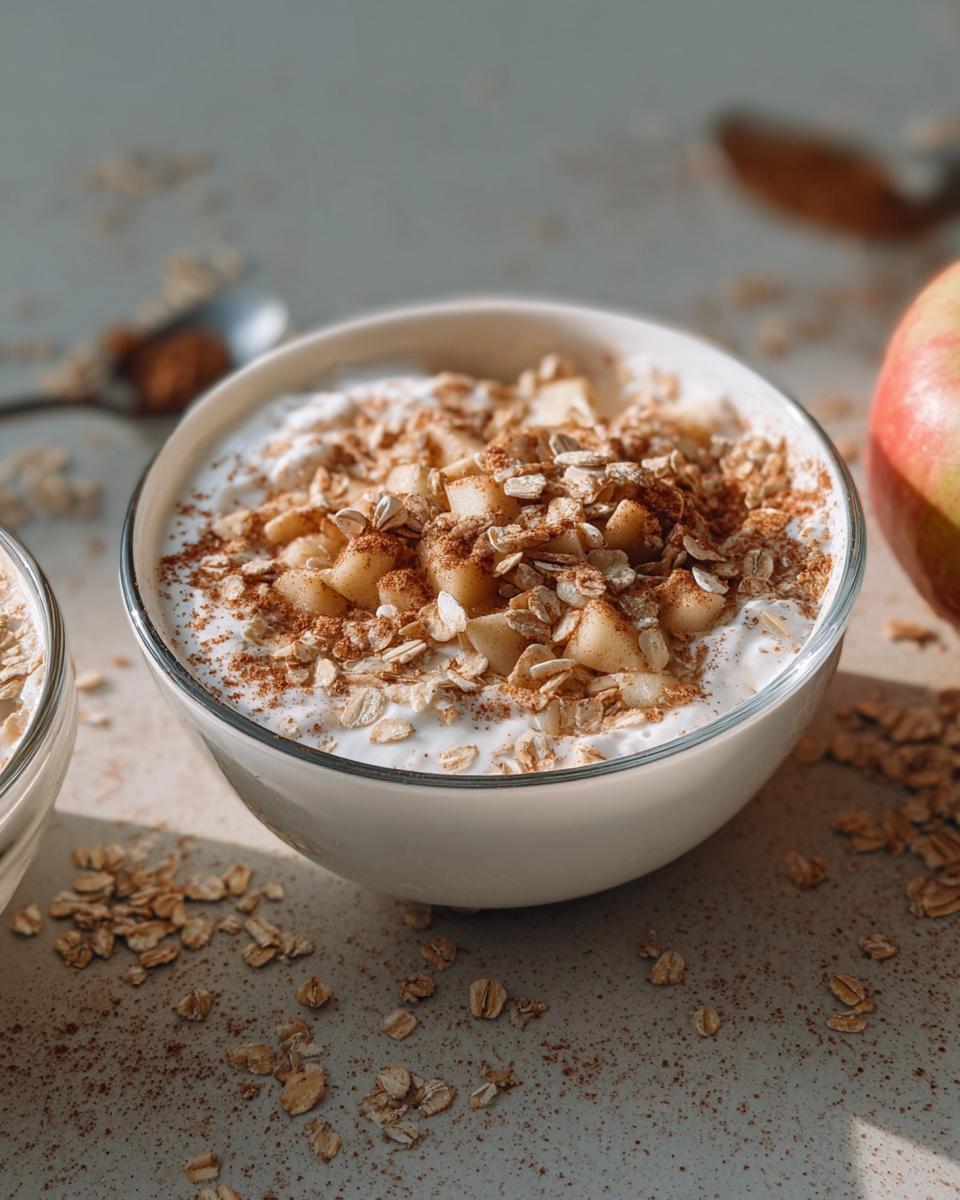 Nahaufnahme von Quark mit Apfel & Zimt, bedeckt mit Haferflocken und Zimt.