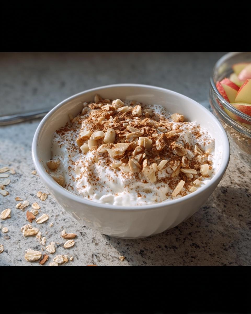 Schale mit Quark mit Apfel & Zimt, garniert mit Zimt und Mandelblättchen.
