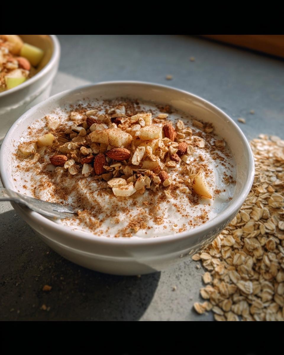 Eine Schüssel Quark mit Apfel & Zimt, garniert mit Nüssen und Zimtstreuung, daneben Haferflocken.