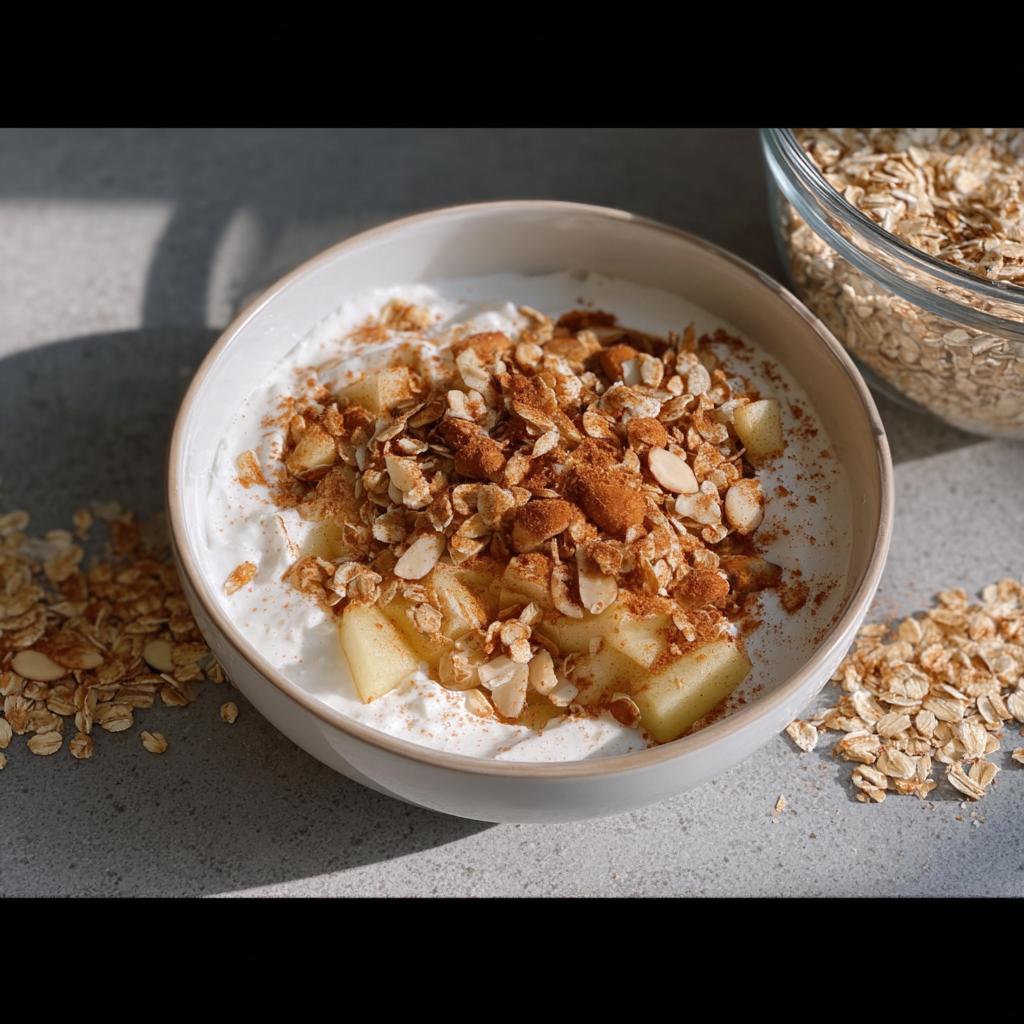 Schüssel mit Quark mit Apfel & Zimt, bedeckt mit Haferflocken und Mandeln.