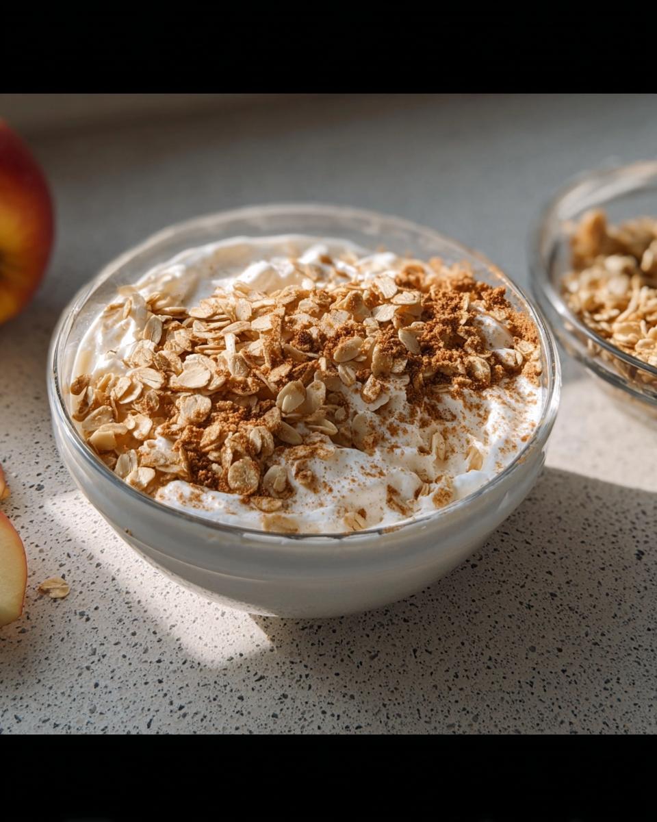 Schüssel mit cremigem Quark, garniert mit Haferflocken und Zimt für Quark mit Apfel & Zimt.