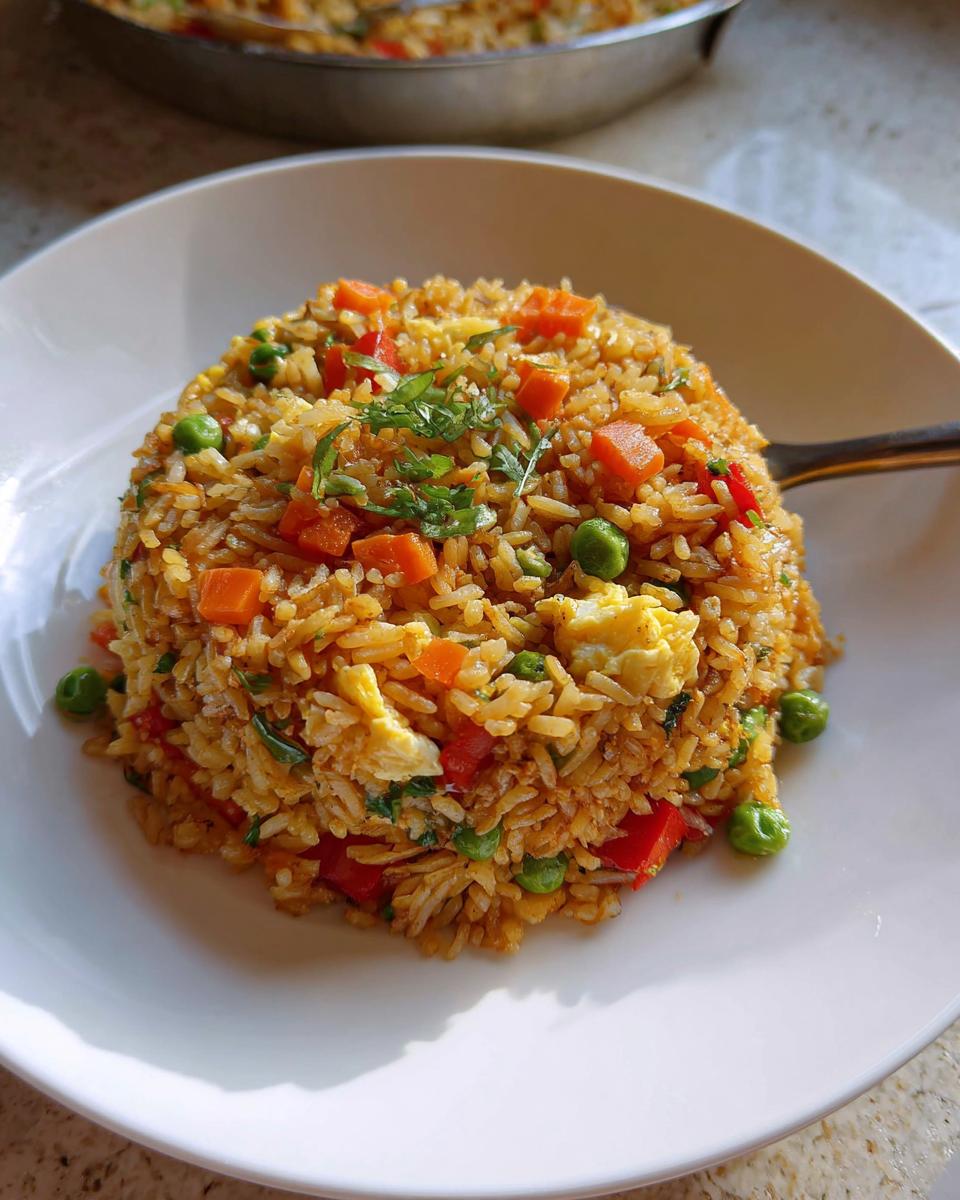 Ein perfekt geformter Haufen Reis-Gemüse-Pfanne mit Ei, garniert mit Kräutern, auf einem weißen Teller.