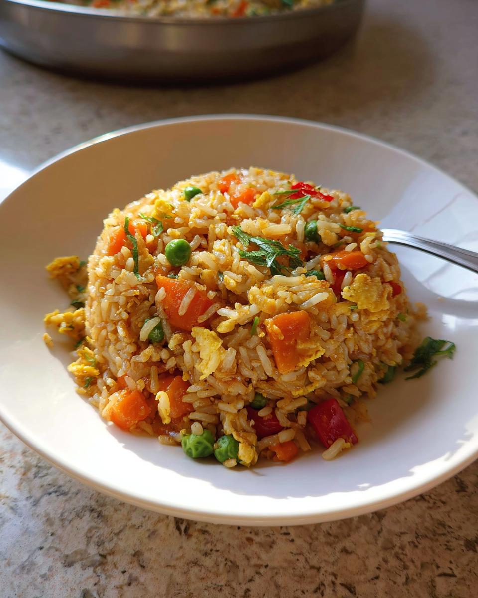 Garnierter Teller mit Reis-Gemüse-Pfanne mit Ei, bestehend aus Reis, Karotten, Erbsen und Rührei.