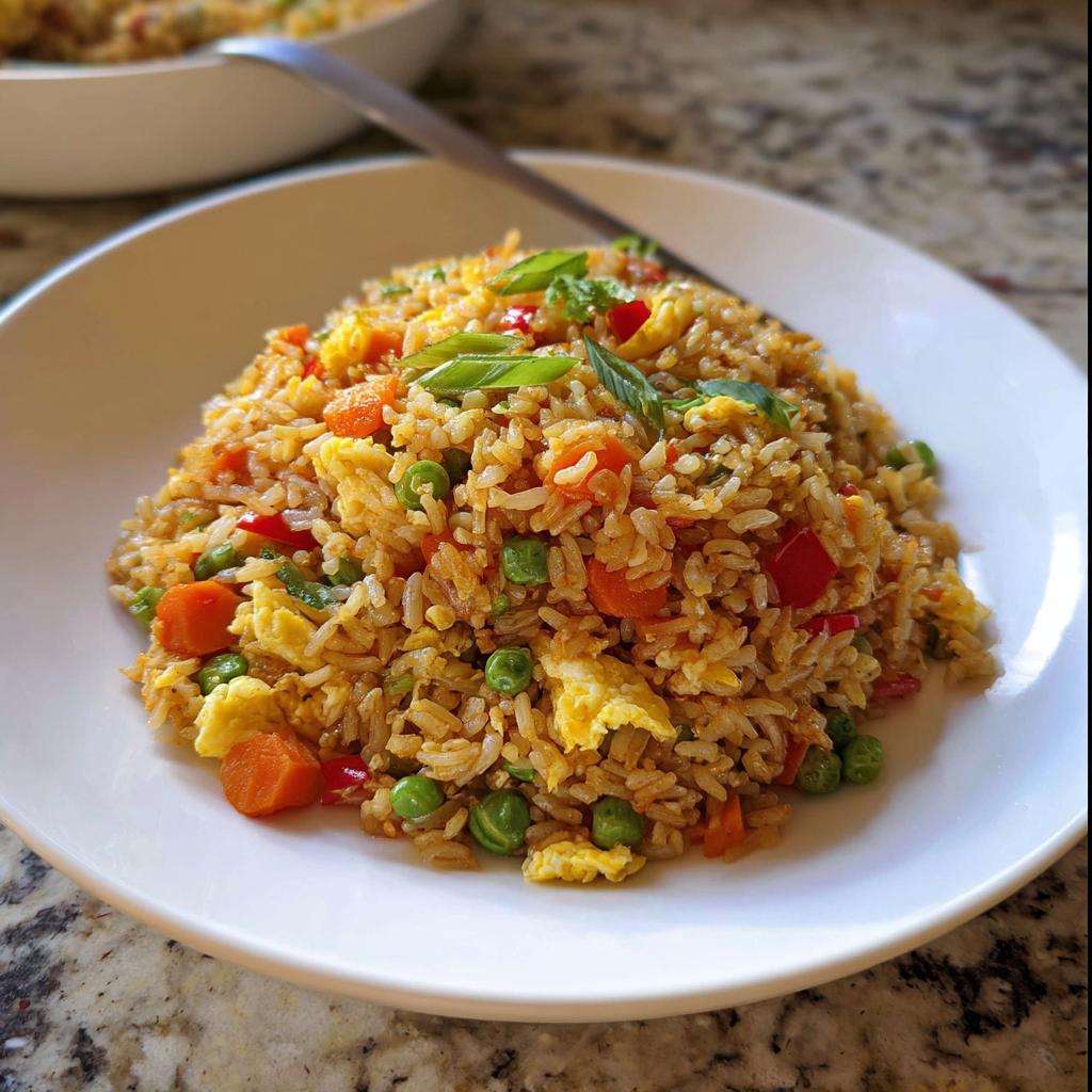 Nahaufnahme einer Portion Reis-Gemüse-Pfanne mit Ei, garniert mit Frühlingszwiebeln, auf einem weißen Teller.