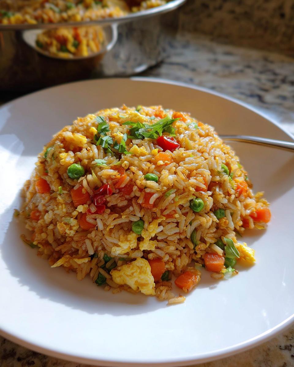 Ein gehäufter Teller mit Reis-Gemüse-Pfanne mit Ei, garniert mit frischen Kräutern.